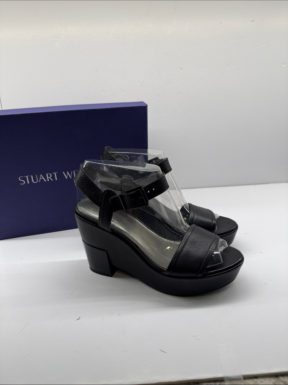 Stuart Weitzman Black Leather Wedge Sandals with Ankle Strap
